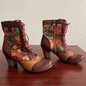 L’Artiste Charming Genuine Leather Floral Lace Heeled Booties Wearable Art